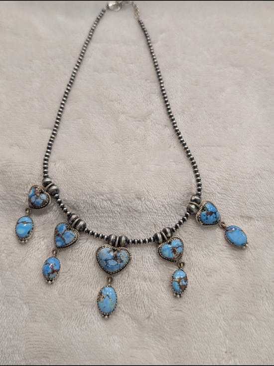 Jewelry - Turquoise Heart & Teardrop Desert Pearl Necklace - Blue Golden Hills Stone